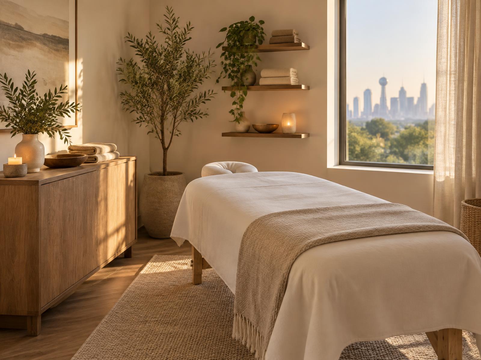 Warm, private massage treatment room prepared for an appointment in Dallas